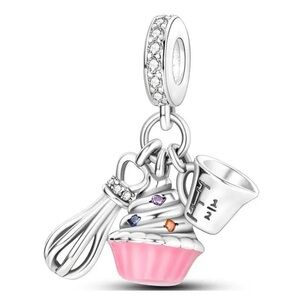 Silver and Pink Cupcake Charm with Utensils